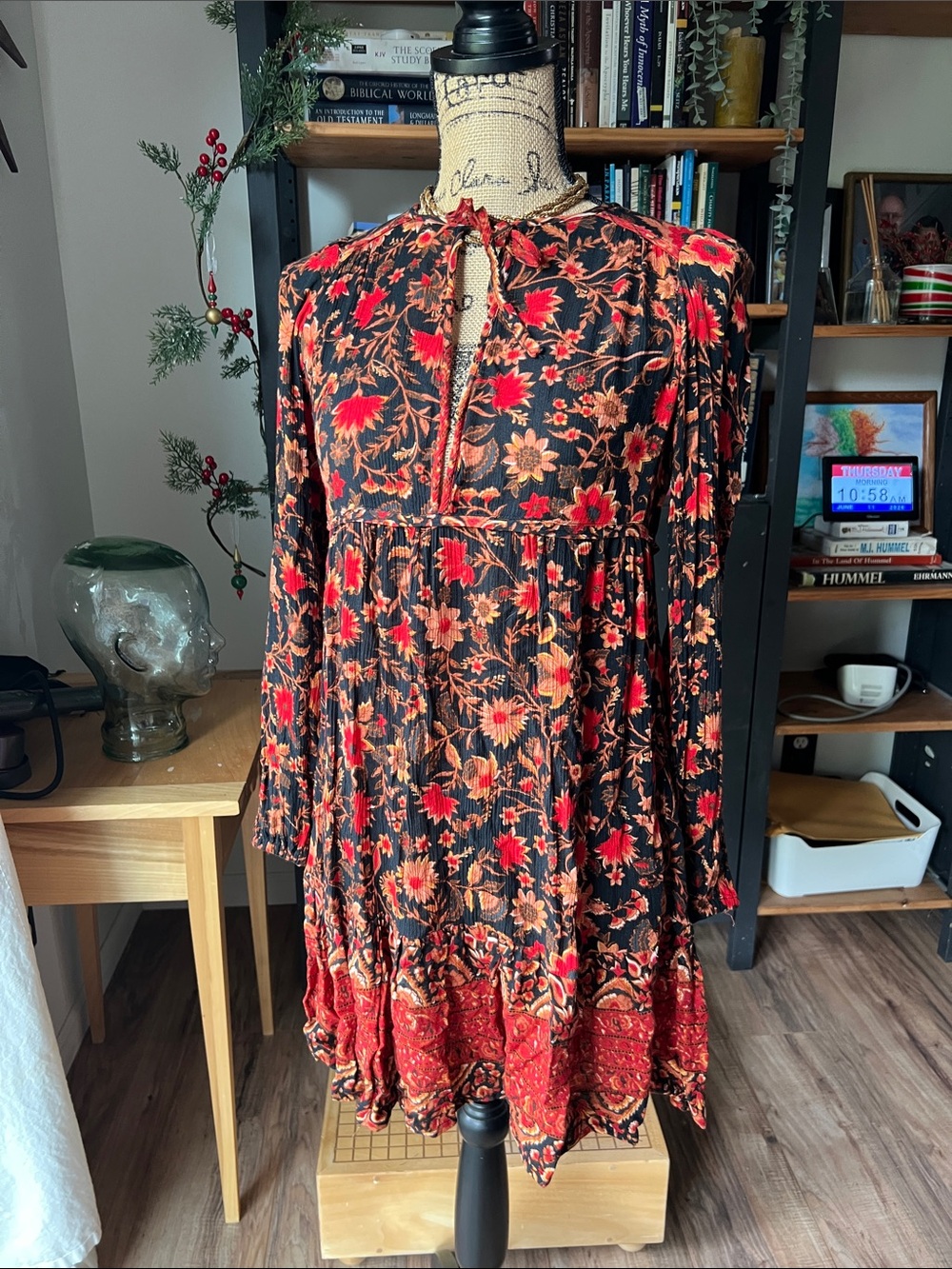 Boho Floral Long-Sleeve Tiered Dress in Black and Red